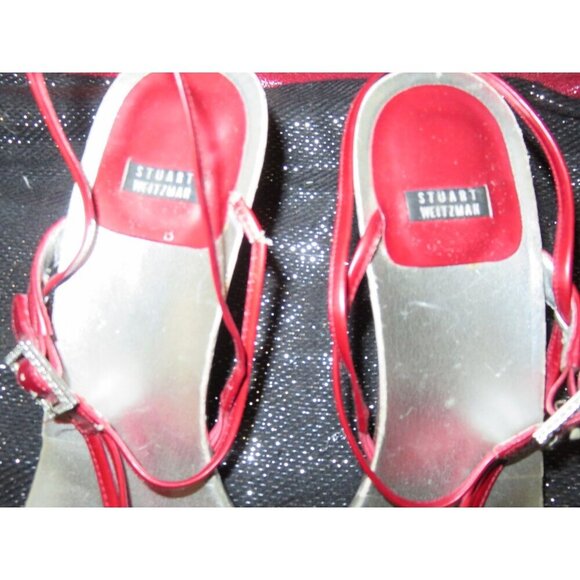 Stuart Weitzman Red Patent Italian Leather Slingback Crystal Embellished Sandals - Picture 6 of 9